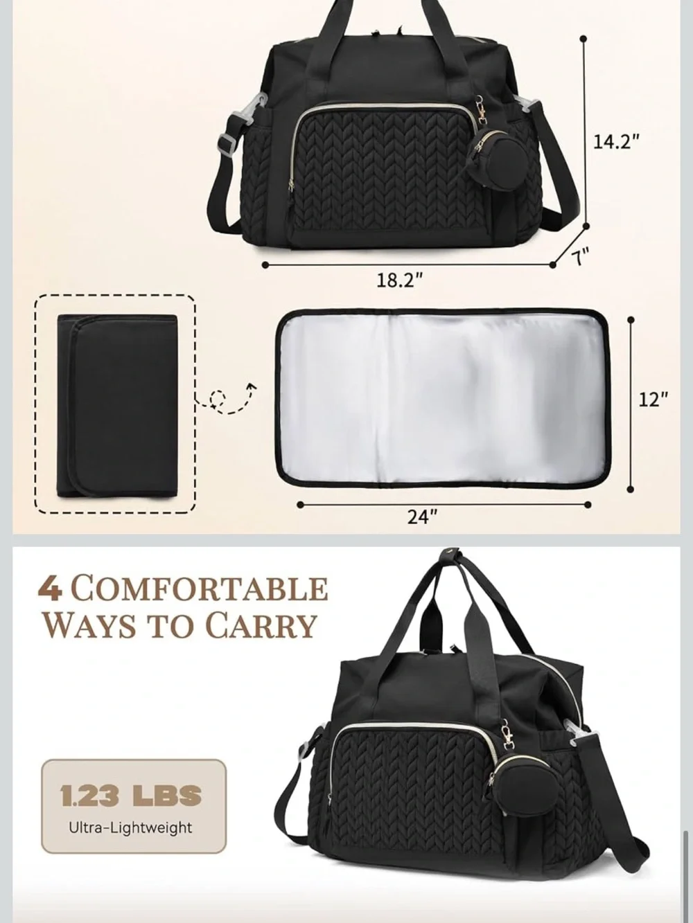 Black Quilted Baby Diaper Tote with Matching Pouches